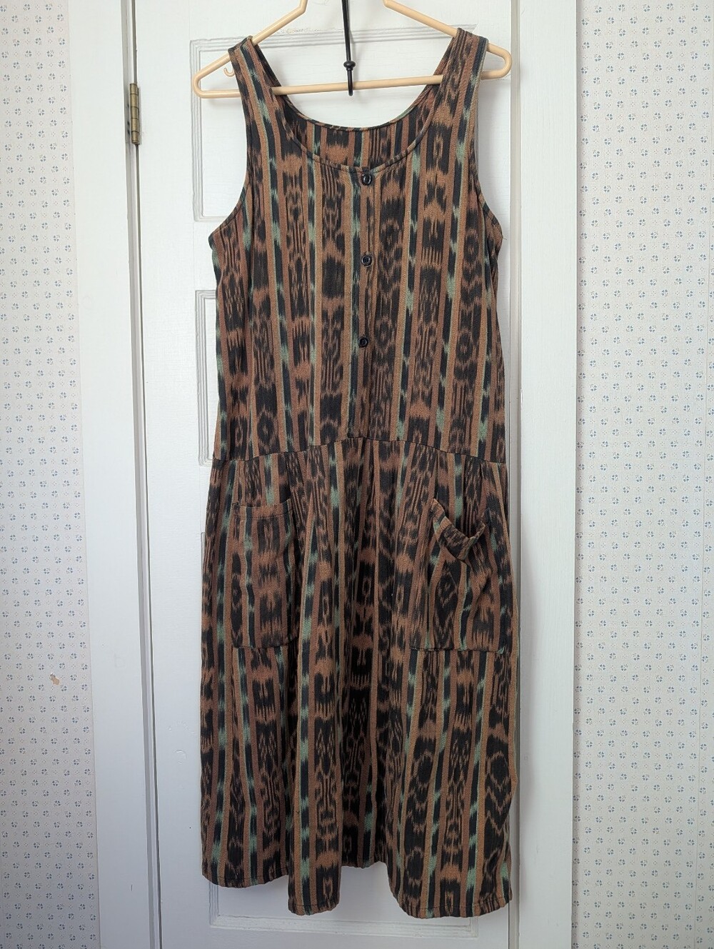 🤎 🩵 Vintage Striped M L Jumper Ikat Print Sleeveless Midi Dress Boho Festival
